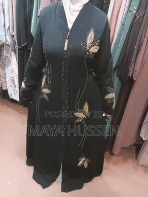 New Black Abaya With Gold Beaded Flower Design
