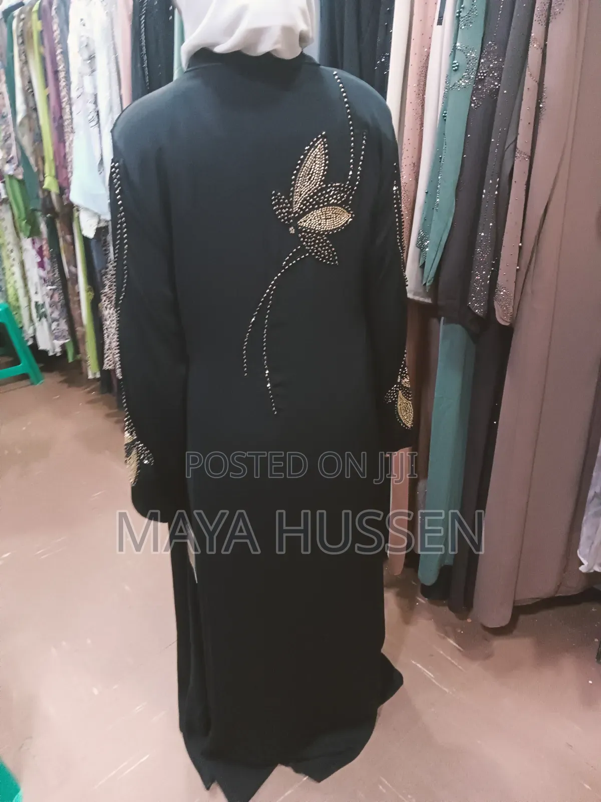 New Black Abaya With Gold Beaded Flower Design