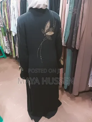 New Black Abaya With Gold Beaded Flower Design