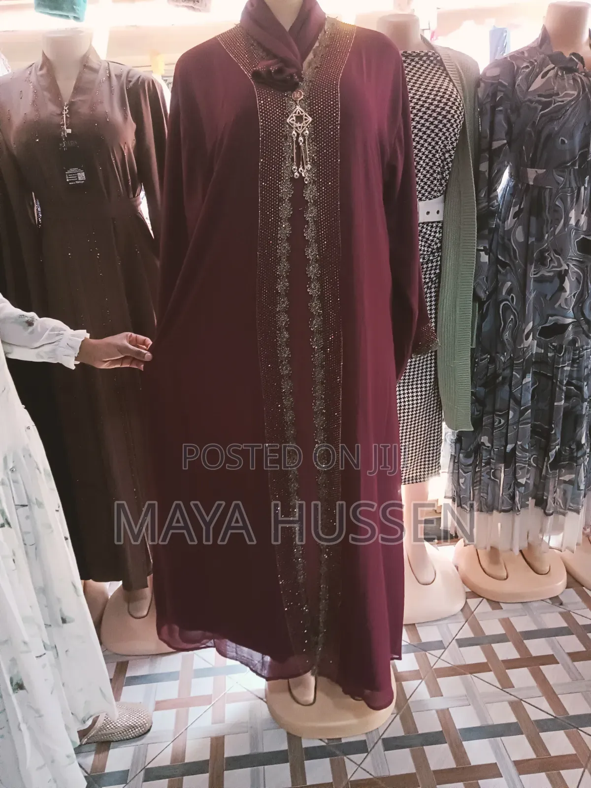 New Elegant Maroon Crystal Beaded Abaya
