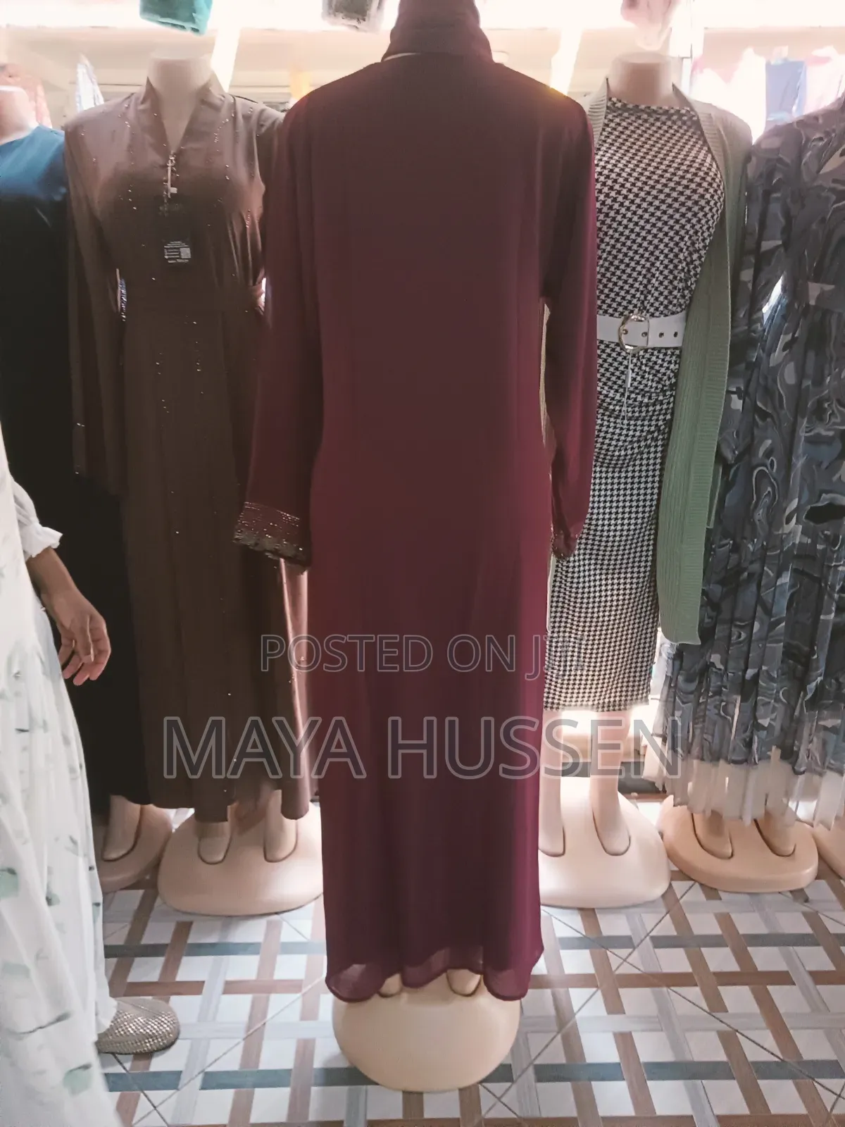 New Elegant Maroon Crystal Beaded Abaya