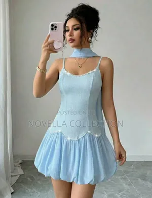 Sleeveless Pearl Decor Waist Cinched Knit Fabric Patchwork Dress