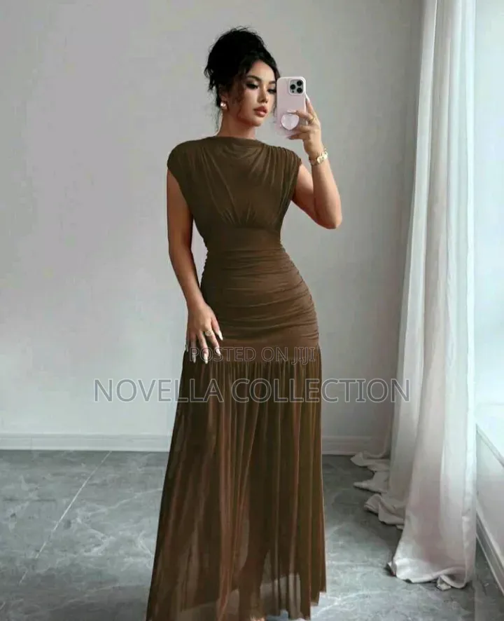 Elegant Coffee Brown Mock Neck Sleeveless Hollow-Out a-Line Dress