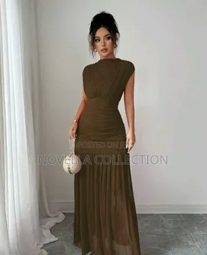 Elegant Coffee Brown Mock Neck Sleeveless Hollow-Out a-Line Dress