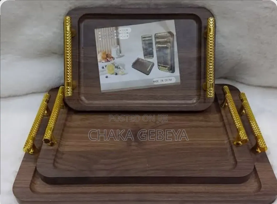 3-Piece Wooden Serving Tray Set - Gold Handles, Different Sizes