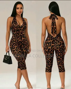 Elegant Leopard Print Tight Jumpsuit, Backless Jumpsuit, Capris