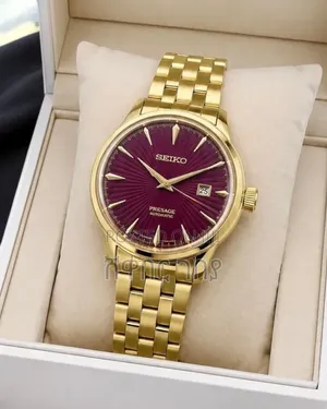 Seiko Presage Men's Gold Tone Watch With Textured Burgundy Dial