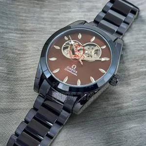 Omega Speedmaster Men's Black Metal Watch Featuring Brown Dial