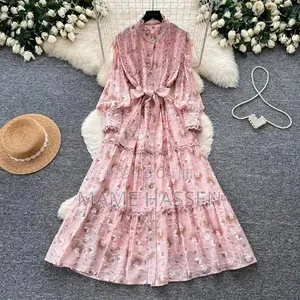 French-Style Retro Chiffon Maxi Dress