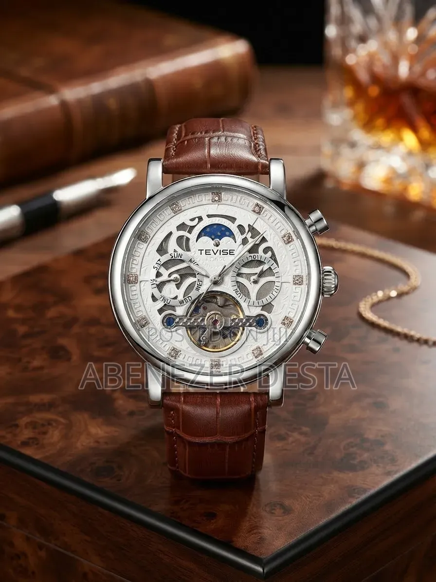 Tevise Leather Automatic Watch (Model T867F), Featuring a Silver-Tone