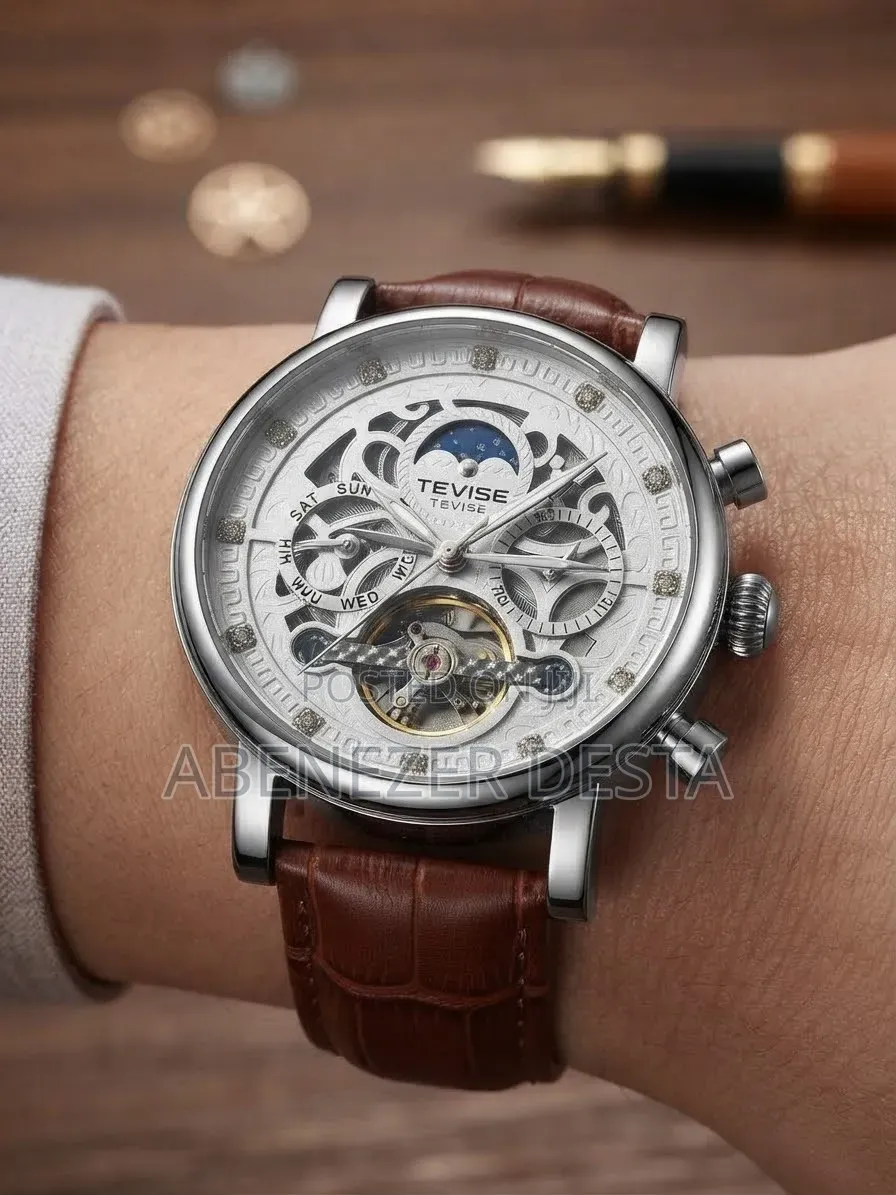 Tevise Leather Automatic Watch (Model T867F), Featuring a Silver-Tone