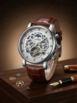Automatic Skeleton Mechanical Wath Sun-and Moon Phase Brown Leather S