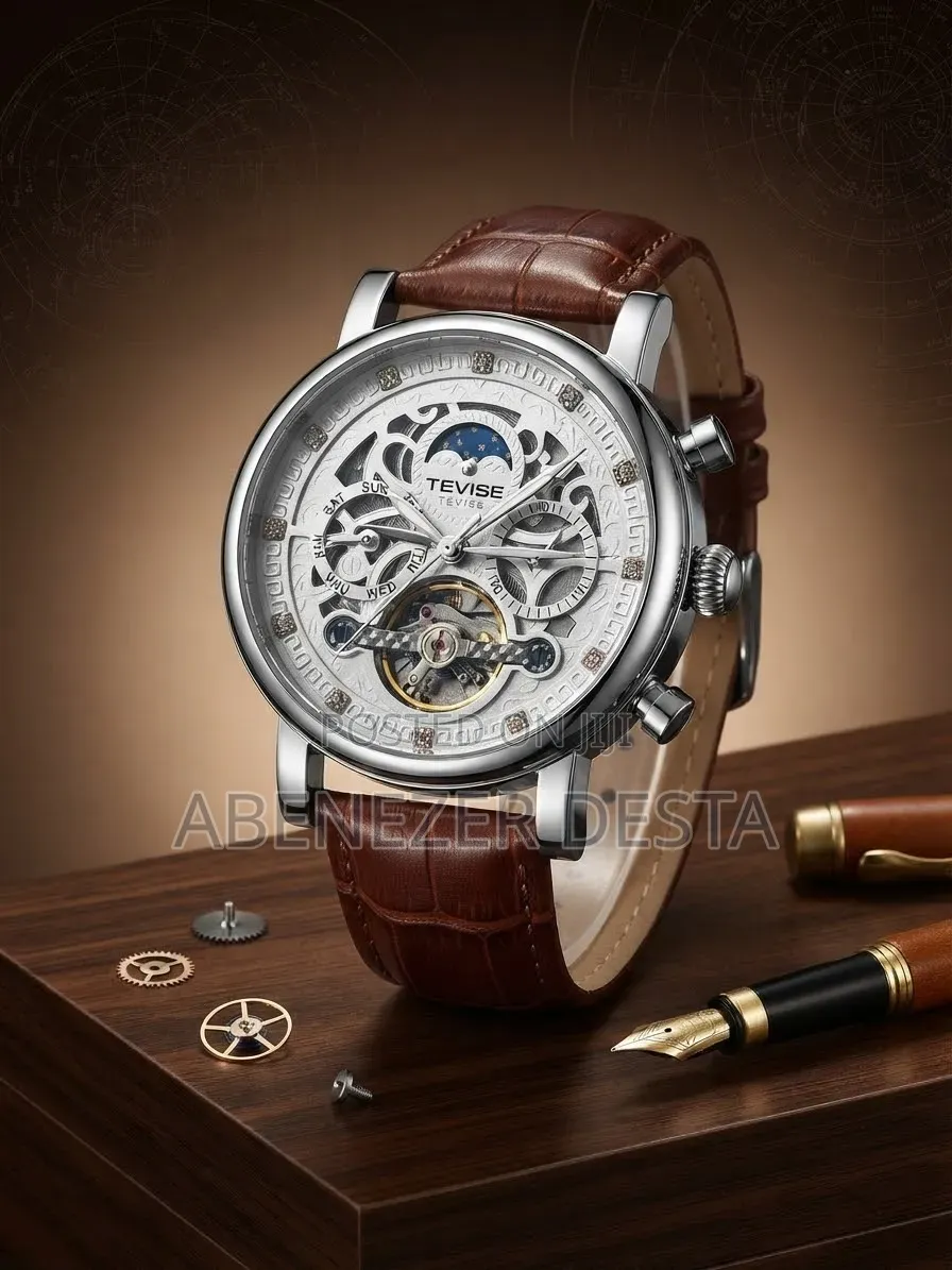 Automatic Skeleton Mechanical Wath Sun-and Moon Phase Brown Leather S