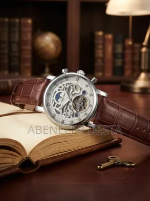 Automatic Skeleton Mechanical Wath Sun-and Moon Phase Brown Leather S