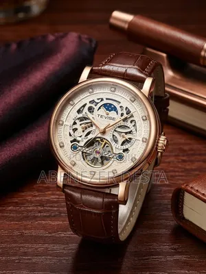 Automatic Skeleton Mechanical Watch With Rose Gold-Tone Brown Leather