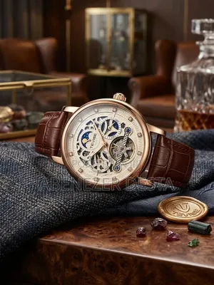 Automatic Skeleton Mechanical Watch With Rose Gold-Tone Brown Leather