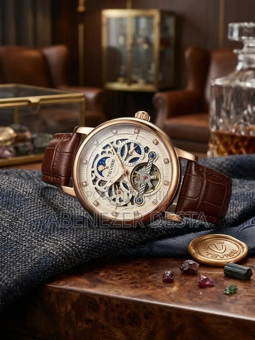 Automatic Skeleton Mechanical Watch With Rose Gold-Tone Brown Leather