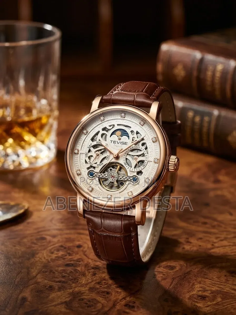 Automatic Skeleton Mechanical Watch With Rose Gold-Tone Brown Leather