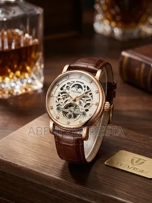 Automatic Mens Watch Tevise Leather Brown With Moon Skeleton