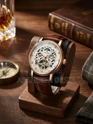 Automatic Mens Watch Tevise Leather Brown With Moon Skeleton