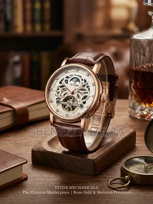 Automatic Mens Watch Tevise Leather Brown With Moon Skeleton