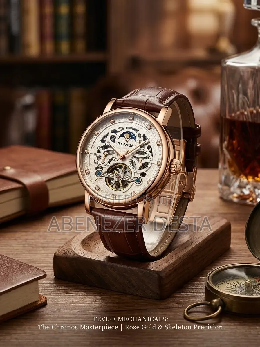 Automatic Mens Watch Tevise Leather Brown With Moon Skeleton