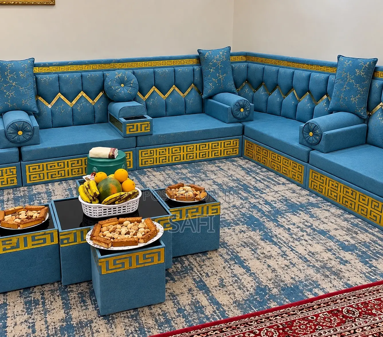 Luxury Arabic Majlis Sofa Set – Blue & Gold
