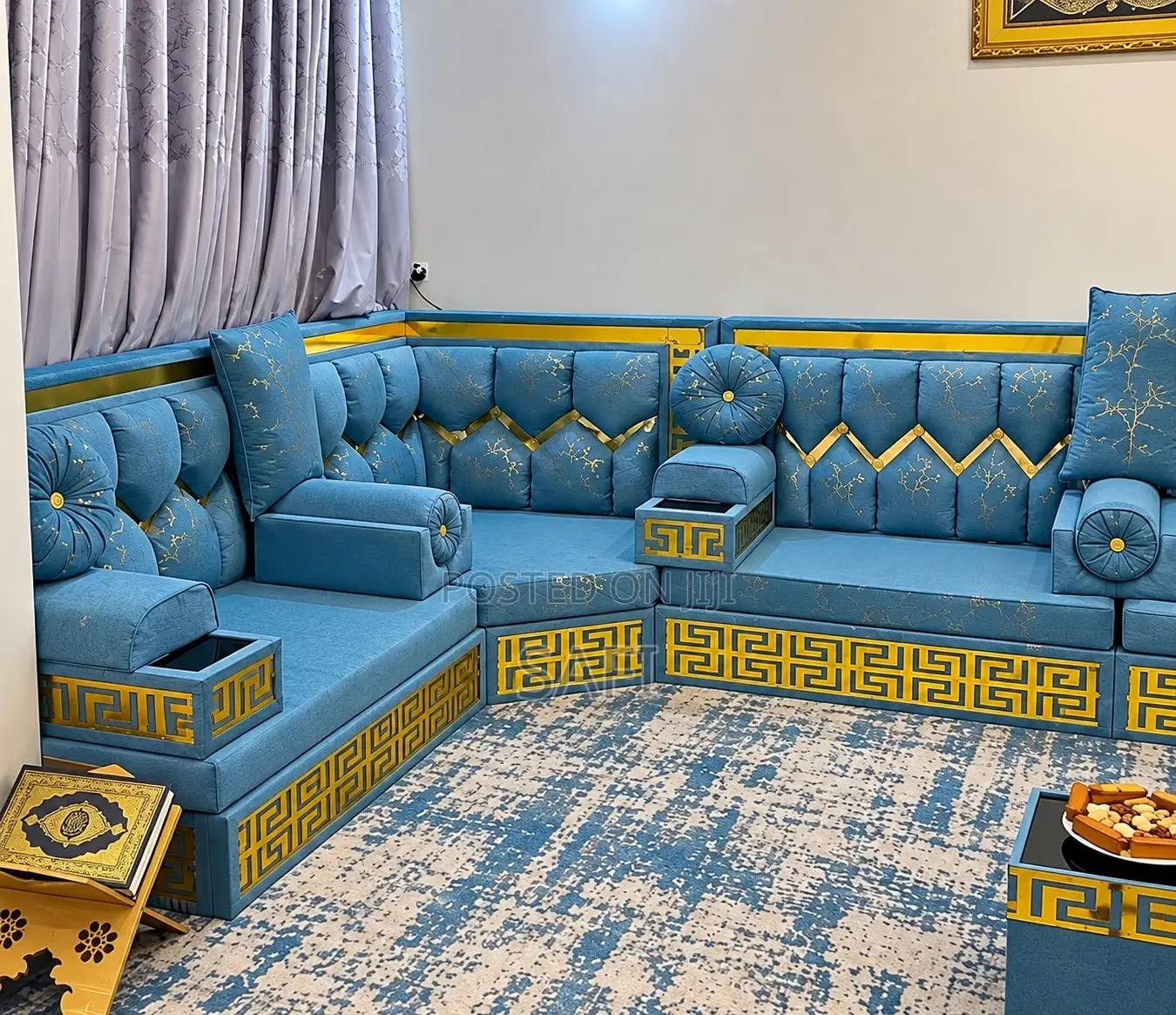 Luxury Arabic Majlis Sofa Set – Blue & Gold
