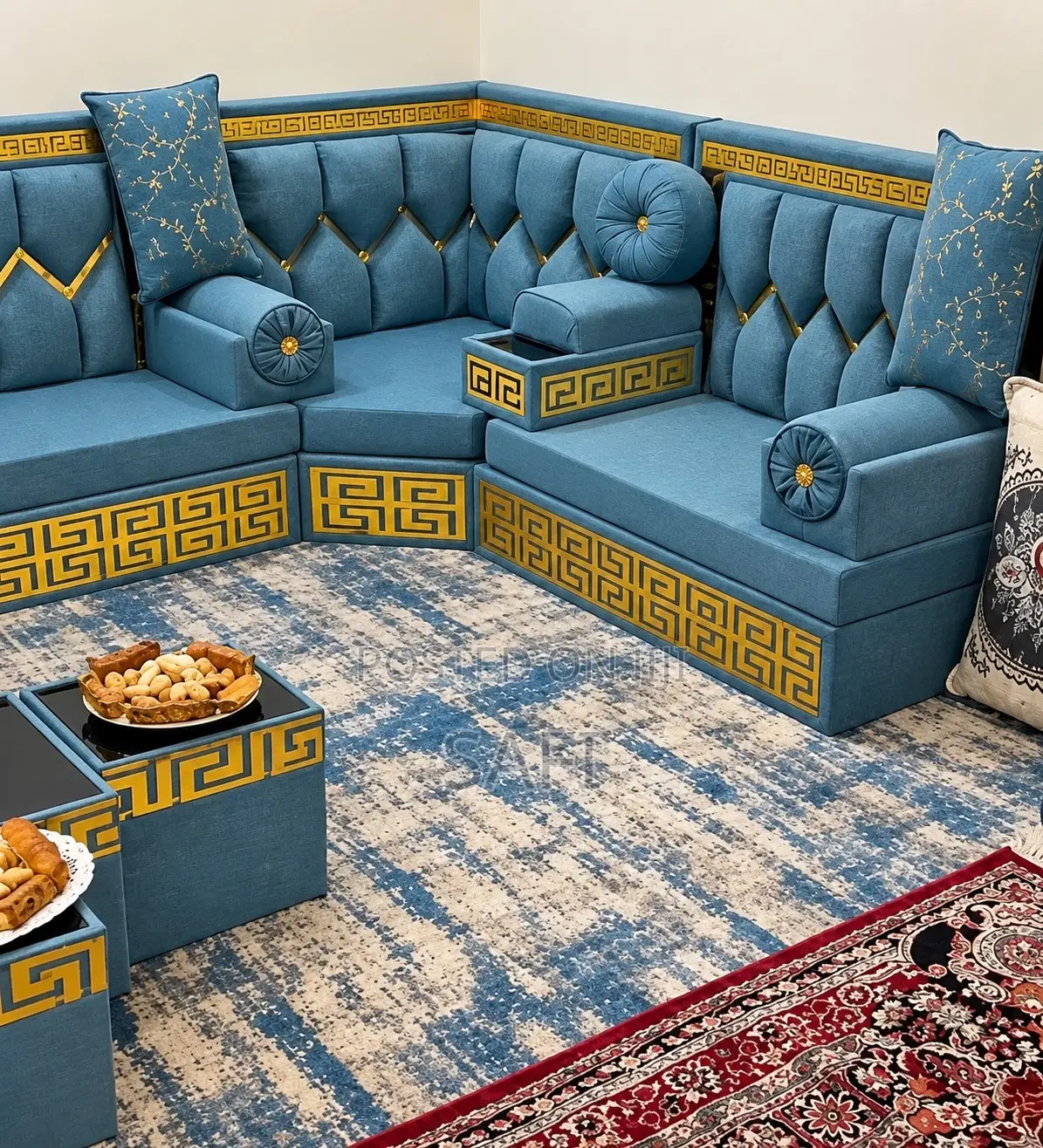 Luxury Arabic Majlis Sofa Set – Blue & Gold