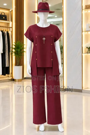 Elegant Burgundy 2-Piece Women’s Outfit With Wide-Leg Pants