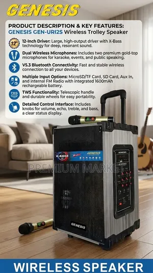 Speaker Genesis GEN-UR12S 12" Wireless Trolley System የብሉቱዝ ስፒከር