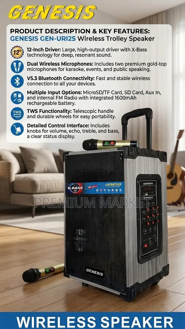 Speaker Genesis GEN-UR12S 12" Wireless Trolley System የብሉቱዝ ስፒከር
