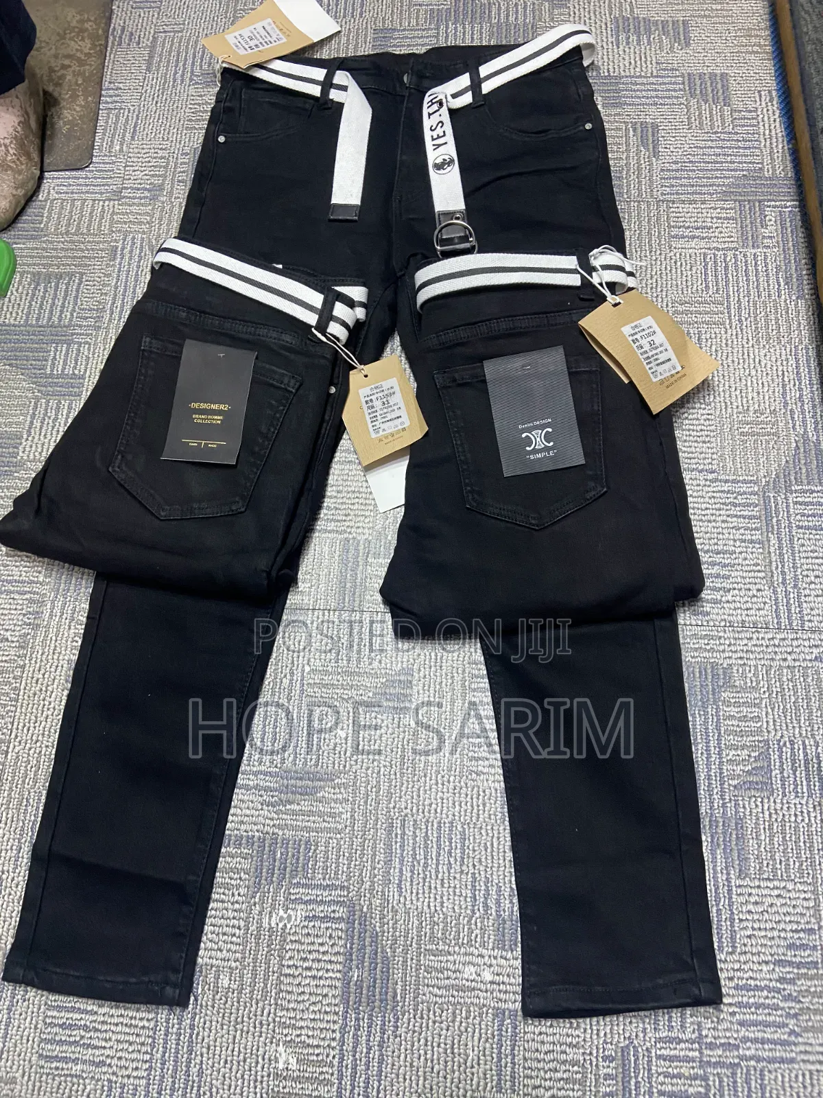 Premium Jet-Black Belted Men's Stretch Jeans –