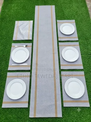 Striped Table Runner and Placemats Set Table Mat የጠረቤዛ ልብስ