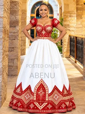 Elegant Red and White Ethiopian Habesha Kemis