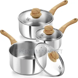 Pot Stainless Steel Sauce Pan 6 Piece የወጥ ማቅረቢያ እንጨት እጀታ