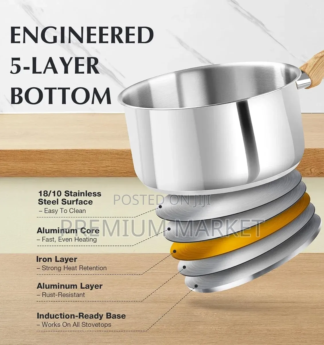 Pot Stainless Steel Sauce Pan 6 Piece የወጥ ማቅረቢያ እንጨት እጀታ