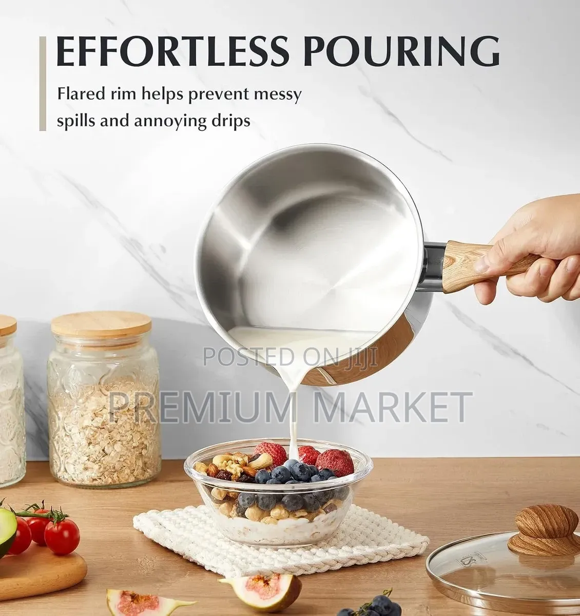 Pot Stainless Steel Sauce Pan 6 Piece የወጥ ማቅረቢያ እንጨት እጀታ