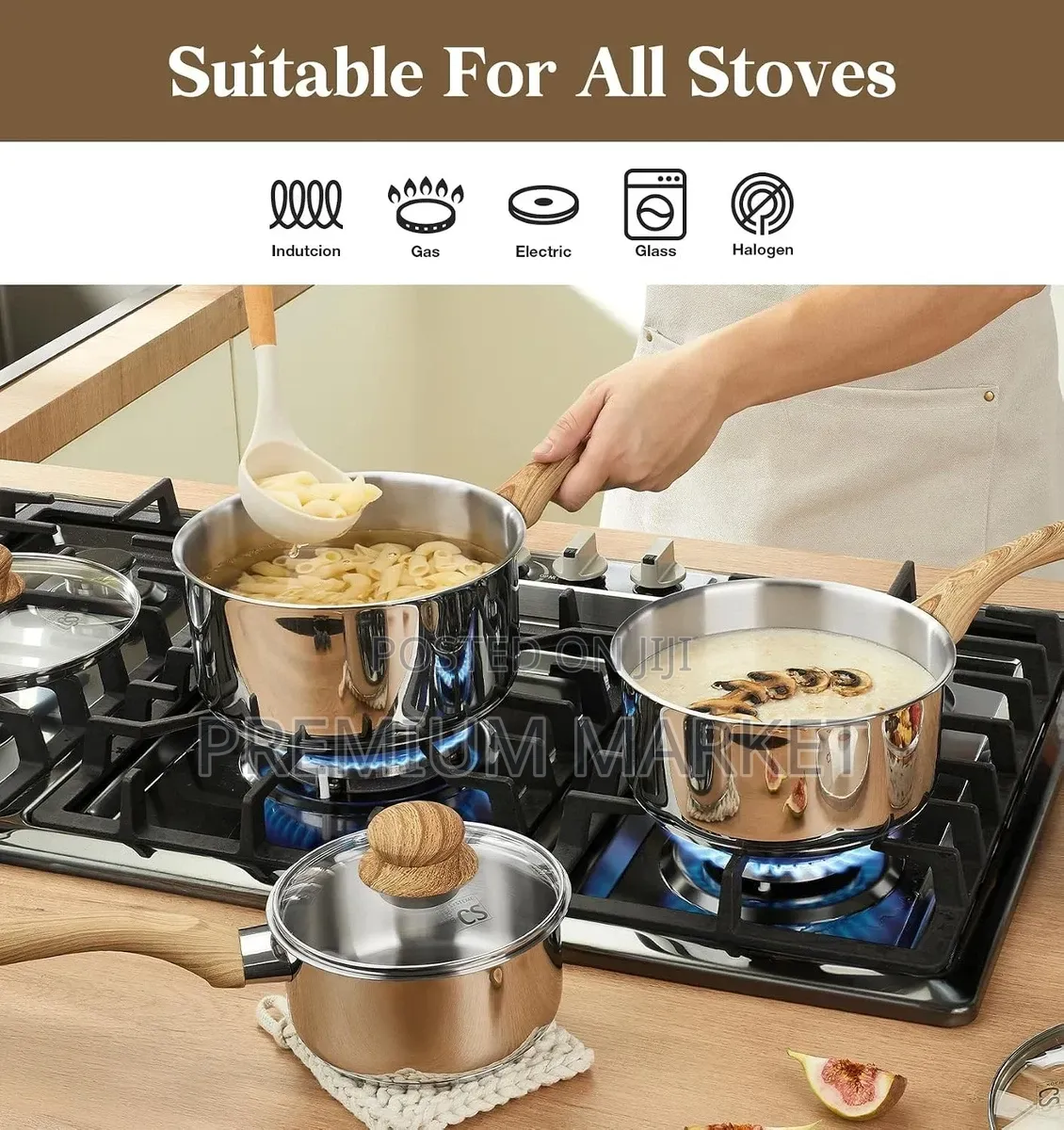 Pot Stainless Steel Sauce Pan 6 Piece የወጥ ማቅረቢያ እንጨት እጀታ