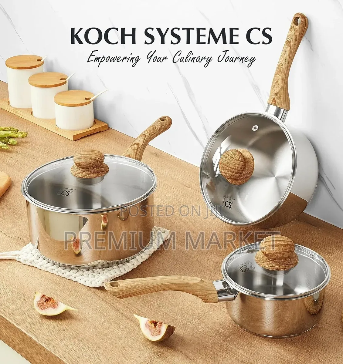Pot Stainless Steel Sauce Pan 6 Piece የወጥ ማቅረቢያ እንጨት እጀታ
