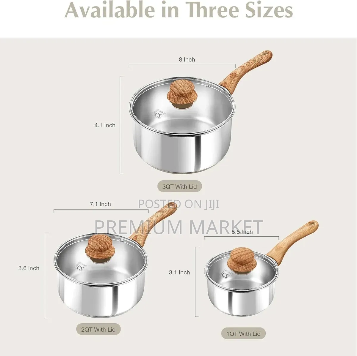 Pot Stainless Steel Sauce Pan 6 Piece የወጥ ማቅረቢያ እንጨት እጀታ