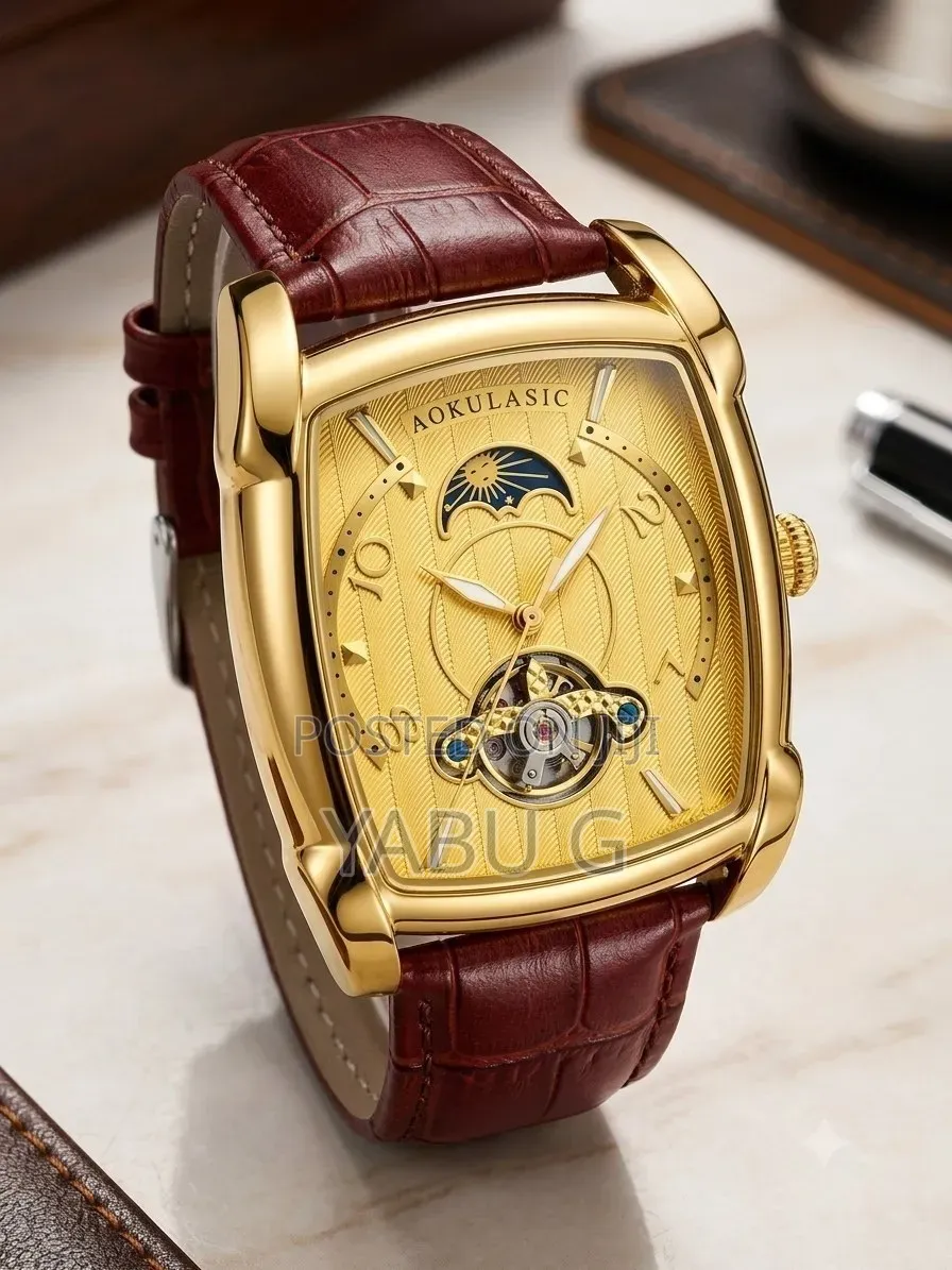 Aokulasic Mechanical Watch Features a Gold-Toned and a Brown Leather