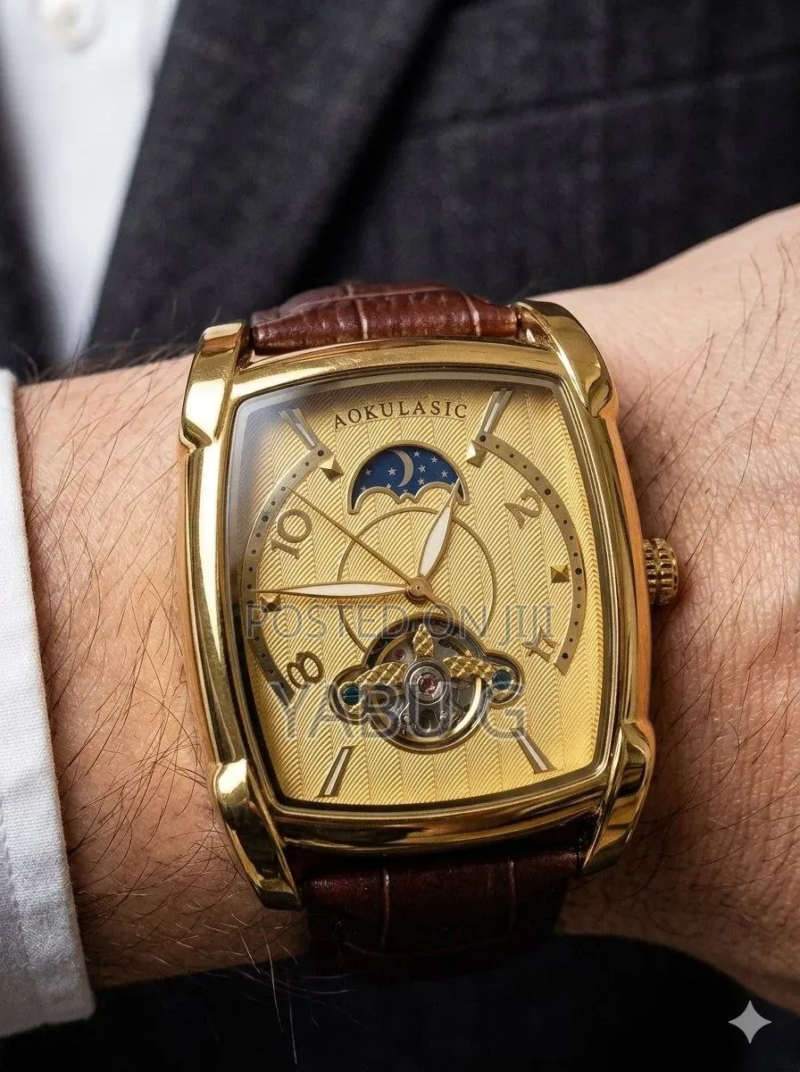 Aokulasic Mechanical Watch Features a Gold-Toned and a Brown Leather