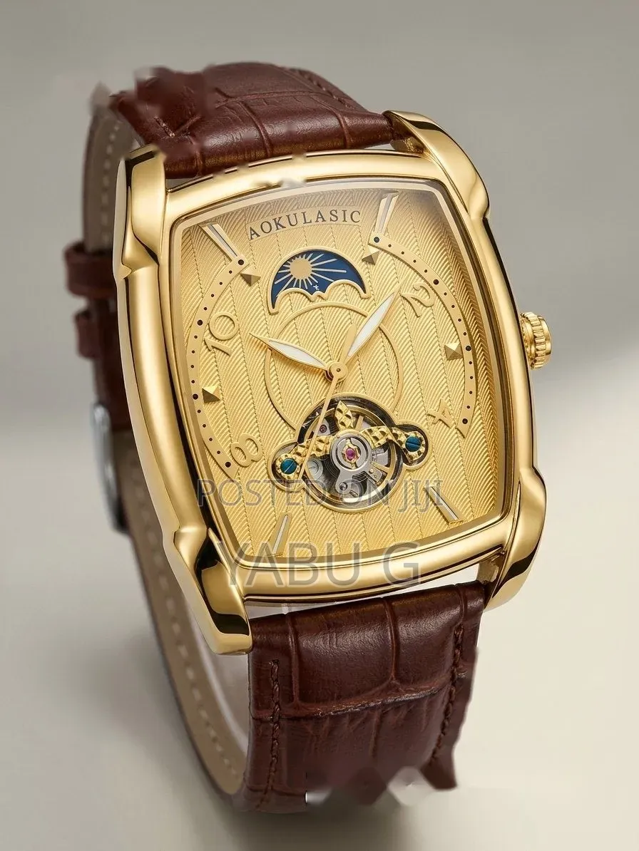 AOKULASIC Men's Luxury Tourbillon Moon Phase Skeleton