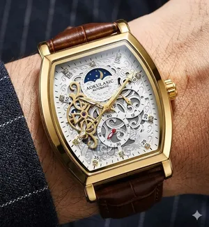 Aokulasic Tonneau-Shaped Skeleton Automatic Watch With a Gold-Tone Cas