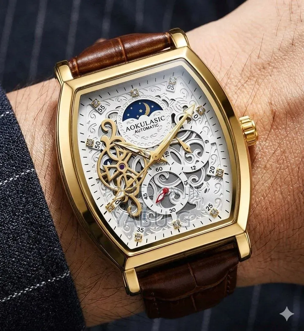 Aokulasic Tonneau-Shaped Skeleton Automatic Watch With a Gold-Tone Cas