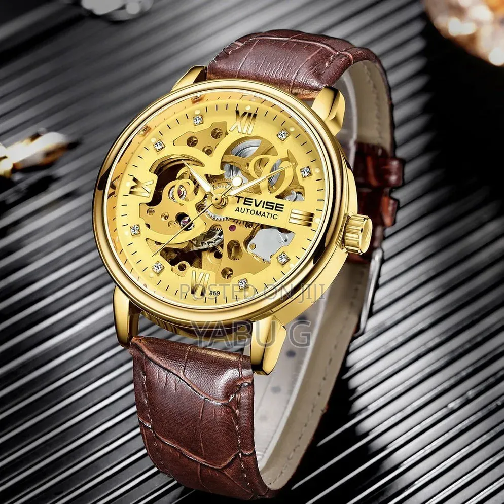 Tevise Skeleton Automatic Watch Featuring a Brown Genuine Leather