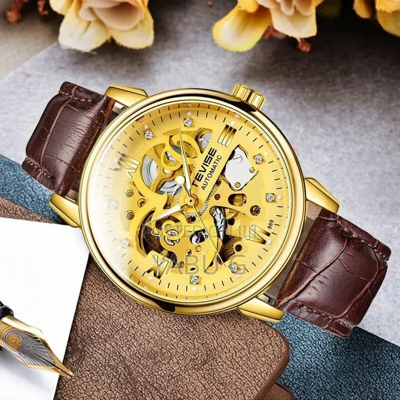 Tevise Skeleton Automatic Watch Featuring a Brown Genuine Leather