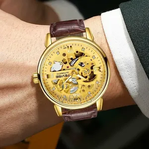 Tevise Skeleton Automatic Watch Featuring a Brown Genuine Leather