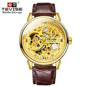 Tevise Skeleton Automatic Watch Featuring a Brown Genuine Leather